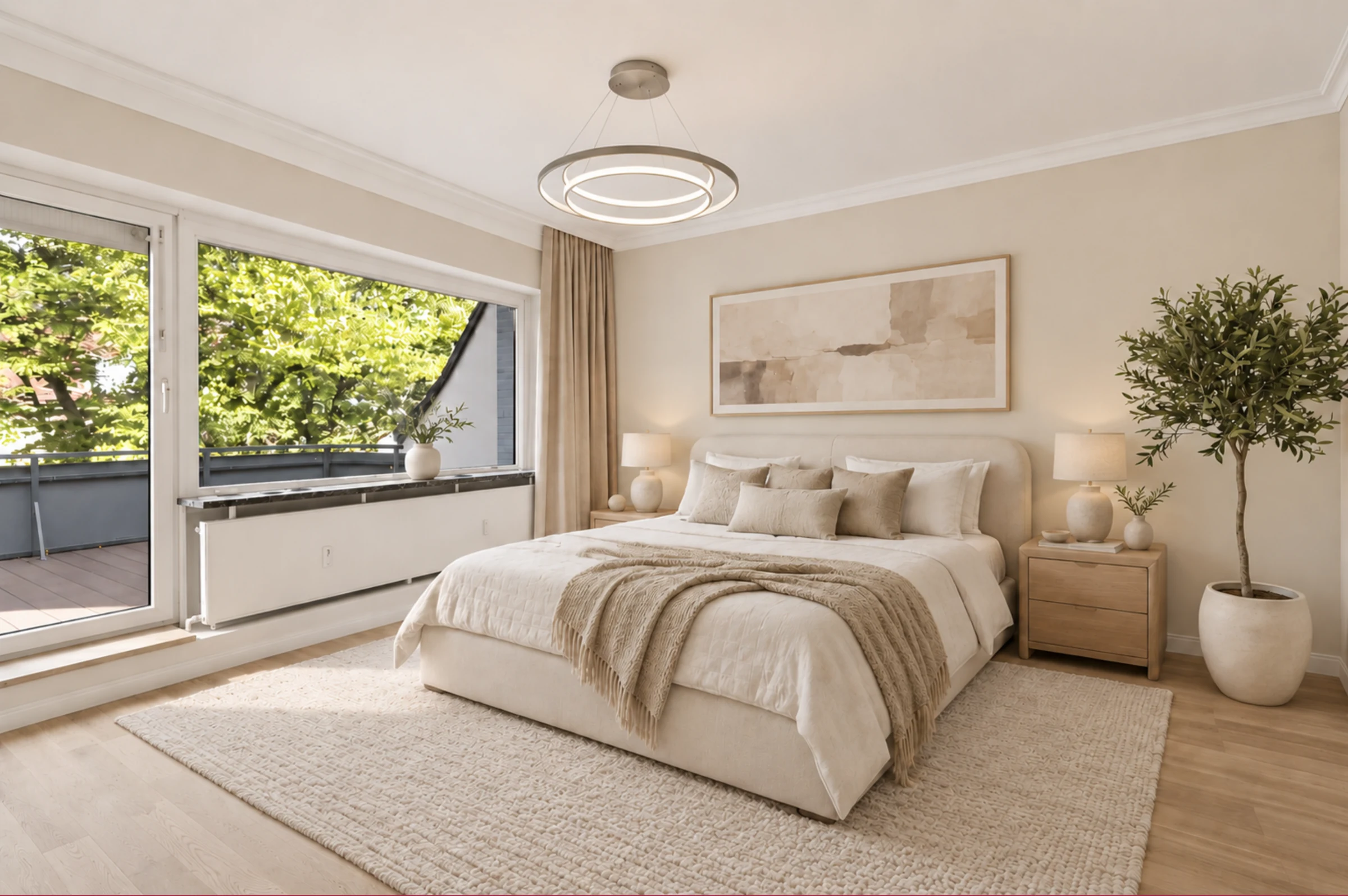Schlafzimmer mit Zugang zur Terrasse – KI-generierte Visualisierung